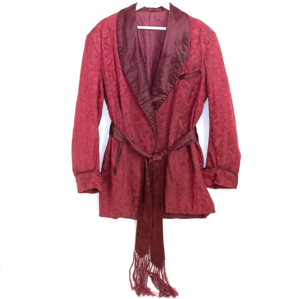 Vgt 70s Handmade Luxurious Silk Men Lounge Robe Red Paisley Lapel Playboy Style